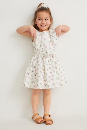 Creme White C&A Set And Scrunchie 2 Piece Floral Girls' Dress | DQCUY-9841