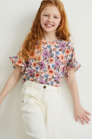 Creme White C&A Sleeve Floral Girls' T-shirts | OFYKI-4527