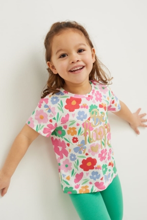 Creme White C&A Sleeve In-conversion Cotton Floral Girls' T-shirts | VPCUD-2750