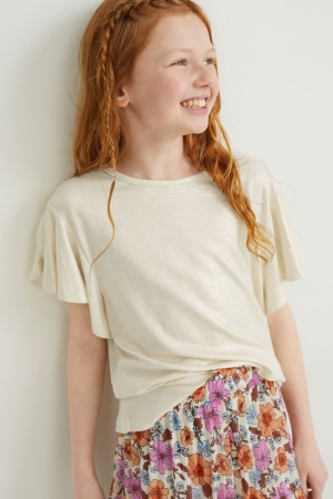 Creme White C&A Sleeve Shiny Girls' T-shirts | YJPBR-7563