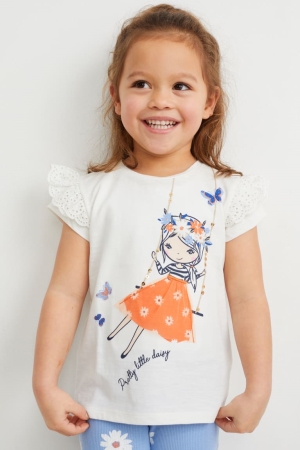 Creme White C&A Sleeve With In-conversion Cotton Girls' T-shirts | LVSGZ-1839