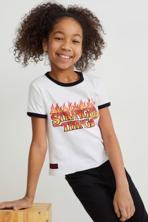 Creme White C&A Stranger Things Sleeve Girls' T-shirts | MDWST-2964