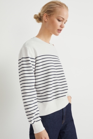 Creme White C&A Striped Women's Sweatshirts | QAPOB-4150