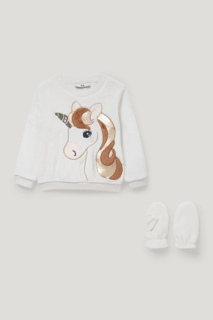 Creme White C&A Unicorn Set And Mittens 2 Piece Girls' Sweatshirts | LEBZM-9670