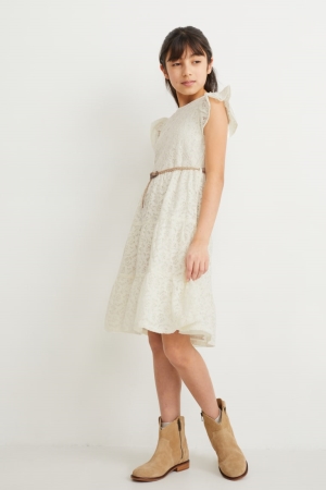 Creme White C&A With Belt Girls' Dress | ZDROL-6179