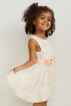 Creme White C&A With Belt Party Floral Girls' Dress | FVIEW-9174