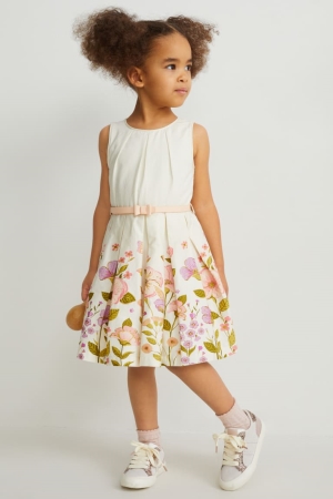 Creme White C&A With Belt Partywear Floral Girls' Dress | UDANL-6708