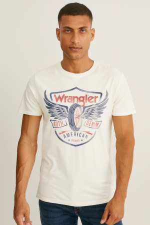 Creme White C&A Wrangler Men's T-shirts | BZKON-1580