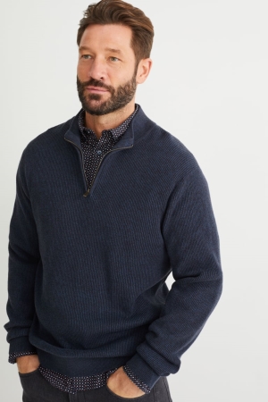 Dark Blue C&A And Regular Fit Button-down Collar Men's Jumper | BUPWL-9278