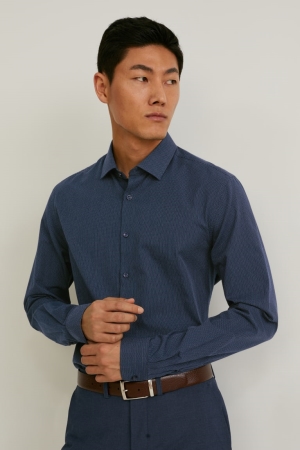 Dark Blue C&A Business Slim Fit Kent Collar Easy-iron Men's Shirts | KAHQP-5438