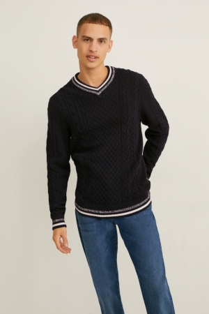 Dark Blue C&A Cable Knit Pattern Men's Jumper | AILZX-7642