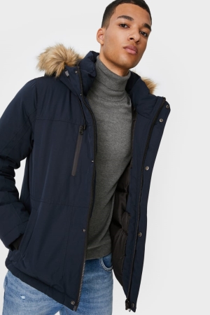 Dark Blue C&A Clockhouse With Hood And Faux Fur Trim Men's Jackets | UVNBH-8762