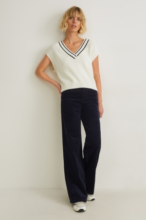 Dark Blue C&A Corduroy High Waist Wide Flare Women's Trousers | NJBRW-3529