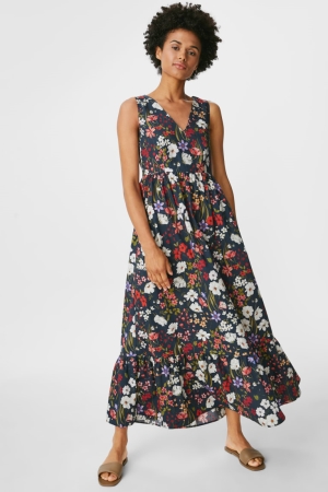 Dark Blue C&A Fit & Flare Floral Women's Dress | PNLYD-7852