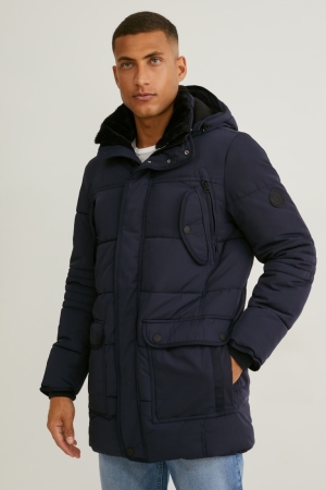 Dark Blue C&A Parka With Hood And Faux Fur Trim Winter Men's Jackets | CEYGO-7026