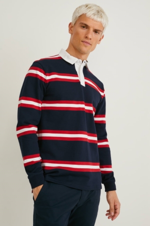 Dark Blue C&A Polo Striped Men's Shirts | DEFUV-6801