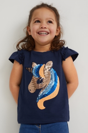 Dark Blue C&A Sleeve Shiny Girls' T-shirts | WVJFS-3072