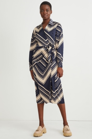 Dark Blue C&A Wrap With Recycled Polyester Patterned Women's Dress | DBWNL-4809