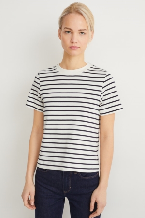 Dark Blue / Creme White C&A Organic Cotton Striped Women's T-shirts | TJAKR-0672