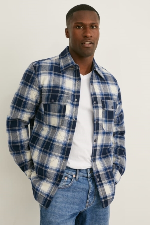 Dark Blue / White C&A Check Men's Shirts | GVINT-2731