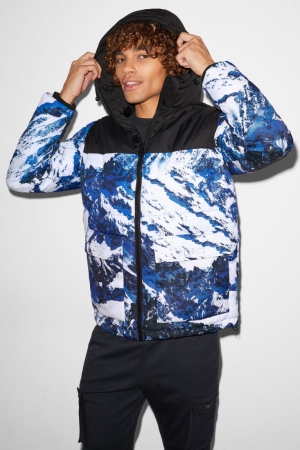 Dark Blue / White C&A Clockhouse Quilted With Hood Men's Jackets | RKSLV-0841