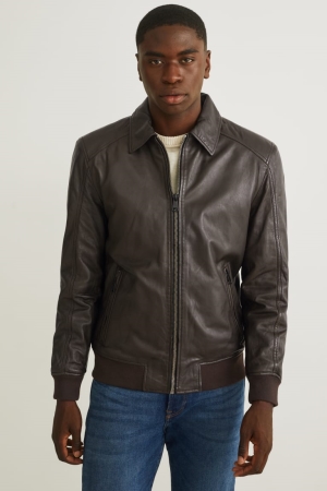 Dark Brown C&A Leather Bomber Men's Jackets | IGNFY-9284