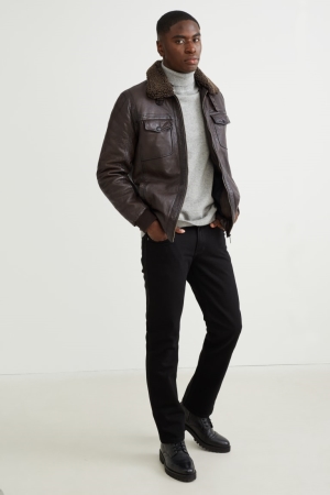 Dark Brown C&A Leather With Faux Fur Trim Men's Jackets | YUVCF-6381