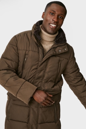 Dark Brown C&A Quilted With Hood And Faux Fur Trim Recycled Men's Jackets | KXSGZ-9804