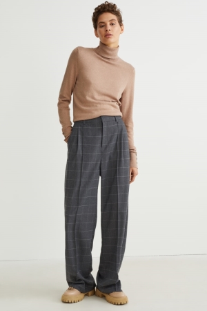 Dark Gray C&A Cloth High-rise Waist Wide Leg Check Women's Trousers | HFORD-5740