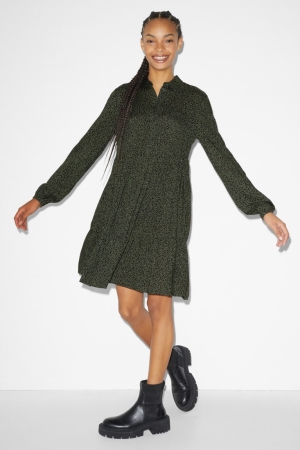 Dark Green / Black C&A Clockhouse Patterned Women's Dress | OISQX-0351