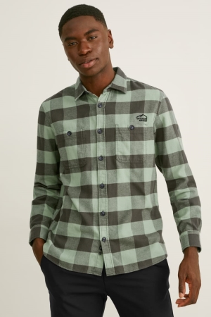 Dark Green / Black C&A Flannel Regular Fit Kent Collar Check Men's Shirts | LQREK-6509