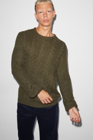 Dark Green C&A Clockhouse Cable Knit Pattern Men's Jumper | GOASY-1698