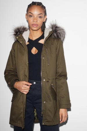 Dark Green C&A Clockhouse Parka With Hood And Faux Fur Trim Winter Women's Jackets | FRXZI-4695