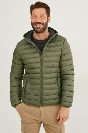 Dark Green C&A Quilted With Hood Recycled Men's Jackets | FVURS-5180