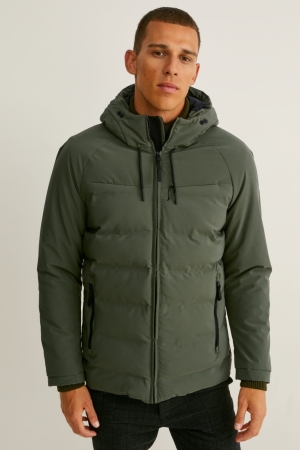 Dark Green C&A Quilted With Hood Recycled Men's Jackets | JBOHV-8146