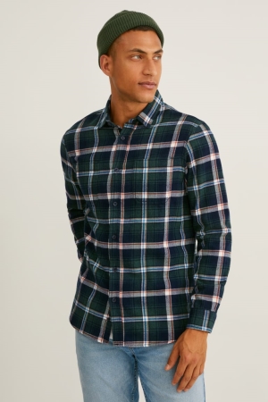 Dark Green / Creme White C&A Flannel Regular Fit Kent Collar Check Men's Shirts | XGJYU-2693