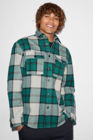 Dark Green / White C&A Clockhouse Relaxed Fit Kent Collar Check Men's Shirts | QOSXF-7891