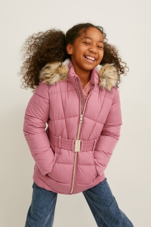 Dark Rose C&A Quilted With Hood, Faux Fur Trim And Belt Girls' Jackets | JXFGV-5879