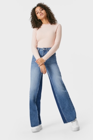 Denim Blue C&A Clockhouse- Wide Leg High Waist Women's Trousers | UWTIG-9263