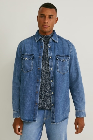 Denim Blue C&A Denim Regular Fit Kent Collar Recycled Men's Shirts | FBPHU-4960