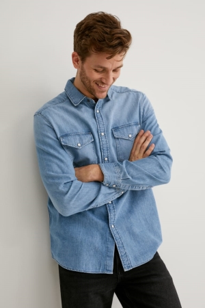 Denim Blue C&A Denim Regular Fit Kent Collar Recycled Men's Shirts | QJLAS-8046