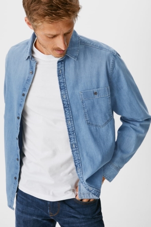 Denim Blue C&A Denim Regular Fit Kent Collar Men's Shirts | UMWZV-4071