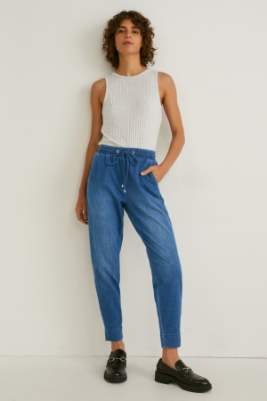 Denim Blue C&A Mid-rise Waist Tapered Fit Women's Trousers | KWMJY-1578