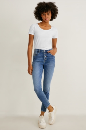 Denim Blue C&A Skinny Mid-rise Waist Jog Denim Women's Jeans | UQMCD-8350