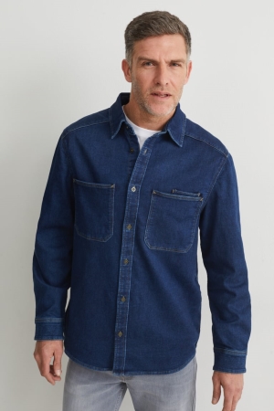 Denim Dark Blue C&A Denim Regular Fit Kent Collar Men's Shirts | DRVLB-6935