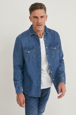 Denim Dark Blue C&A Denim Regular Fit Kent Collar Recycled Men's Shirts | EPXWA-8023