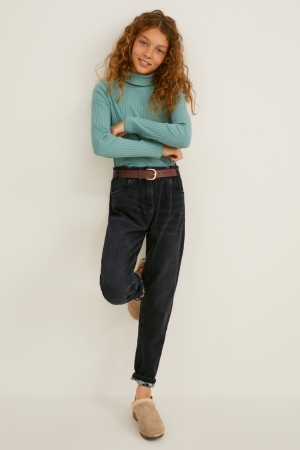 Denim Dark Gray C&A Regular Fit With Belt Girls' Trousers | CNFZD-2860