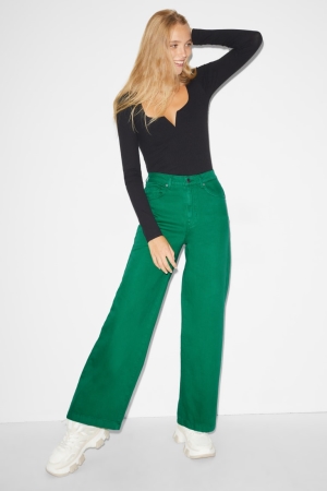 Denim Green C&A Clockhouse Wide Leg High Waist Women's Trousers | CHMBO-7296