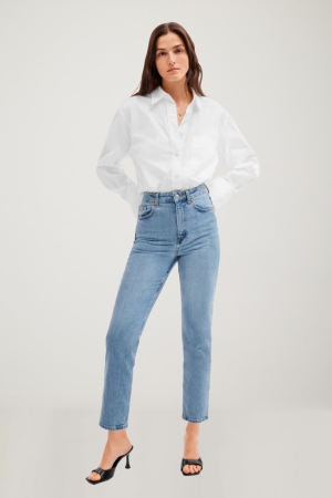 Denim Light Blue C&A Made In Eu Straight High Waist Organic Cotton Women's Jeans | AXFYT-9753