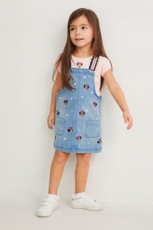 Denim Light Blue C&A Minnie Mouse Set Sleeve And Pinafore 2 Piece Girls' Dress | FAEMH-2105